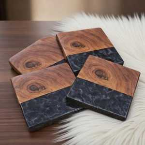 Sous-verres en bois d'acacia faits à la main avec résine époxy, ensemble de supports en bois - Product Image 6
