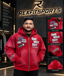 REXFITSPORTS 2026 Sweat à capuche zippé rouge pour homme, motif graphique, streetwear épais, brodé, entièrement zippé, fabrication sur mesure - Product Image 1