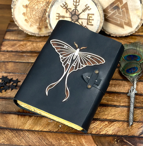 Handmade <b>Leather</b> Spell <b>Book</b>: Luna Moth Journal, Vintage Lock & Deckle Edge Paper - Product Image 1