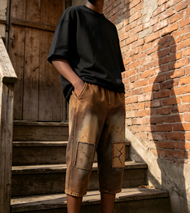 Heavyweight Print <b>Sun</b> Faded Dirty <b>Spray</b> Men Cropped Jogger Pants Patchwork Distressed Casual Trousers - Product Image 3