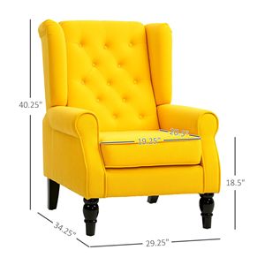 Poltrona Gialla con Schienale Alto per Soggiorno, Divano Trapuntato con Braccioli Rotondi e Gambe in Legno - Product Image 3