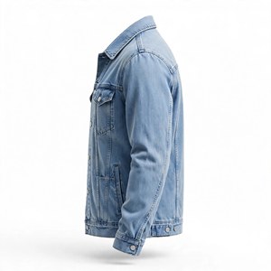 Men's <b>Light</b> Blue Denim <b>Puffer</b> <b>Jacket</b> Regular Fit Stand Button Closure Casual Style Winter Wear 100% Cotton Washed Finish Front - Product Image 3