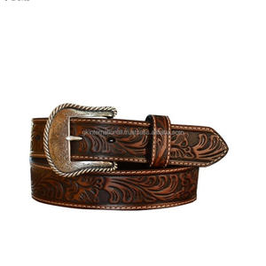 Ceinture en cuir pleine fleur de qualité supérieure, sculptée à la main, style western, pour hommes et femmes, avec boucle en laiton gravée de motifs floraux. - Product Image 1