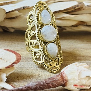 Hot Selling Trendy Vintage Filigree Moonstone Bezel Setting Three Stone <b>Ring</b> Boho Brass Women 18K Gold Plated <b>Chunky</b> Statement - Product Image 3