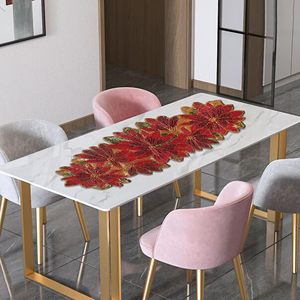 Embroidered Floral <b>Table</b> <b>Runner</b> Red Gold Traditional Home Decor Washable Polyester - Product Image 1
