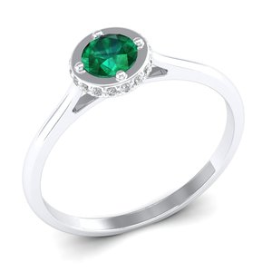 Anillo de compromiso y boda REYES de lujo, personalizado, con corte redondo, esmeralda de 0.5 quilates, solitario, en oro blanco macizo de 14 quilates, con diamantes, para ella. - Product Image 1