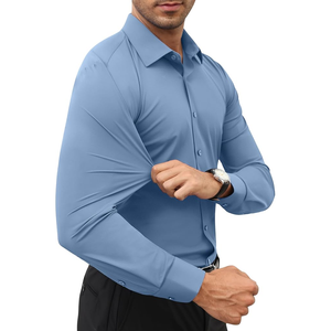 Chemises habillées en coton pour hommes, unies, à manches longues, extensibles, infroissables, formelles, décontractées, boutonnées, col montant, 140g - Product Image 2