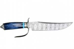 Herramienta Utilitaria de Acero de Damasco Hecha a Mano con Guardacuchillas Curvo Sub-Hilt y Mango de Resina Azul - Product Image 4