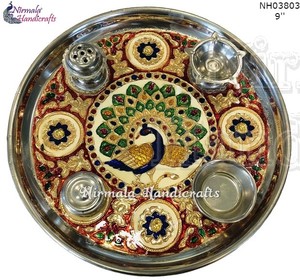 Accessoires de thali de prière en acier Meenakari, pièce décorative, thali de prière avec porte-diya et porte-encens, Bhog Katori, boîte à Kumkum - Product Image 3