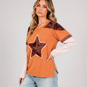 Premium Quality Women’s Orange V Neck Long Sleeve <b>Patchwork</b> <b>Top</b> Star Applique Floral Panel Casual Fall Blouse for Boutique Buyer - Product Image 2