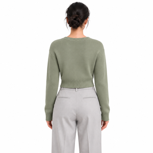 Top Corto de Cachemira para Mujer, Color Verde Salvia, con Bordado Floral, Cuello Redondo, Manga Larga, Dobladillo Acanalado, Estilo Casual para Invierno - Product Image 6