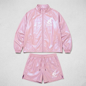<b>Men's</b> Iridescent Pink Shiny 2 Piece Nylon Lightweight <b>Summer</b> Windbreaker <b>Jacket</b> Shorts Set EKIN Logo Metallic Reflective - Product Image 3