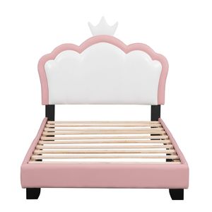 Letto a piattaforma singolo bianco e rosa con testiera e pediera a corona, letto imbottito per bambini stile principessa - Product Image 6