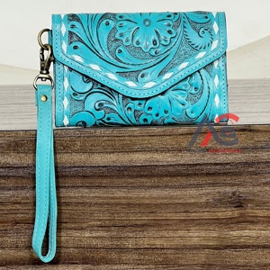 Portable RFID Blocking New Mini Floral Western Style Genuine Cowhide Leather Cowgirl Wallet <b>Wristlet</b> Clutch for Travel Organizer - Product Image 1