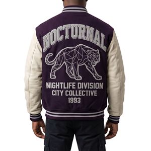 Blouson universitaire à capuche violet crème avec broderie de lettres et patchs, mélange de laine, style baseball, vêtement universitaire - Product Image 2