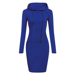 Women Solid Color Hooded Sweatshirt Dress Long Sleeve Knitted Spandex Cotton Breathable Autumn Wear with <b>Pockets</b> - Product Image 3