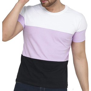 T-shirt pour homme à blocs de couleur, manches courtes, col rond, coupe classique, tricoté, blanc uni sur noir, 100% coton - Product Image 1