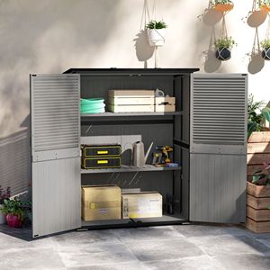 Casetta da Giardino in Legno Grigia Facile da Montare con Porte Chiudibili a Chiave, 2 Ripiani Regolabili e Tetto in Asfalto - Product Image 2