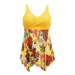 Women <b>Plus</b> <b>Size</b> Yellow Floral <b>Tankini</b> Swimwear Set With Skirt Bottom And Crossed Halter Top - Product Image 1
