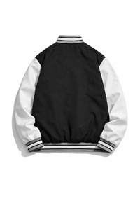 Custom <b>Men's</b> <b>Leather</b> Varsity <b>Jacket</b> Two Tone Bomber Style Stand Collar Button Front Embroidered Logo Loose Fit Winter Patchwork - Product Image 2