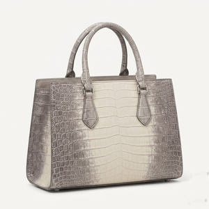 Sac à main en cuir véritable bicolore, sac fourre-tout gaufré effet alligator, bandoulière amovible, poche pour téléphone portable pour femmes - Product Image 2
