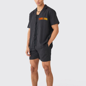 Premium Quality Summer Men's Printed Short Black Matching <b>Set</b> 100% Cotton Sportswear Two Piece Button-Up Shirts and Shorts - Product Image 3