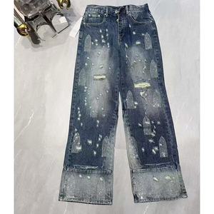 High Waist Straight Leg Distressed Denim Jeans With Ripped Details And Print Pattern Casual Style For Men Autumn Wear - Product Image 1