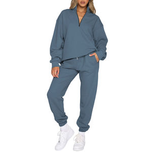 Women Solid Color Half-Zip Tracksuit Set Loose Fit Cotton Sweatshirt And Joggers With Side Pockets Autumn Casual Wear - Product Image 4