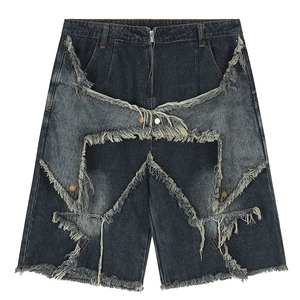 High Street Style <b>Elastic</b> Waist Personalized Logo Men's Denim <b>Jeans</b> Shorts Heavyweight Street Wear Button Fly Men's Shorts - Product Image 1