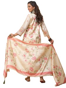 Ensemble Salwar Kameez en Chiffon de Soie Beige Brodé pour Femmes avec Dupatta à Motifs Floraux, Vêtement Traditionnel Indien Pakistanais pour l'Automne, Tenue Casual - Product Image 2