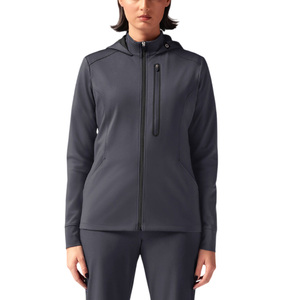 Blouse médicale zippée à capuche gris foncé pour femme en tissu tricoté polyester, détection des aiguilles, uniforme d'hôpital - Product Image 1