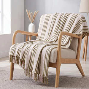 Plaid en coton recyclé 130x170 cm, rayé style ferme, couverture rustique tissée à la main, décoration d'ambiance confortable, fabricant - Product Image 3