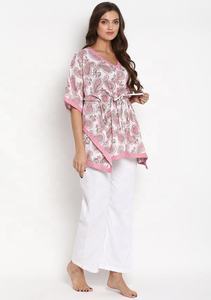 Kaftan floral imprimé à la main en tissu de coton doux et respirant robe pull d'été pour femmes décontractée à imprimé floral vert rose - Product Image 4