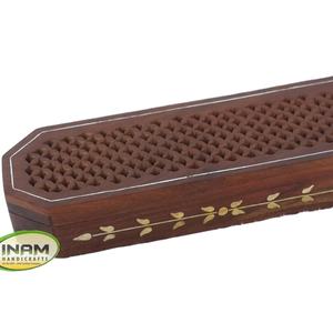 Vintage patrón geométrico hecho a mano latón incrustaciones madera rectángulo Bakhoor quemador decoración del hogar con agujeros de perforación - Product Image 1