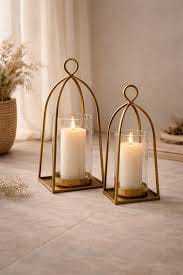 Gold Metal Wire <b>Lantern</b> <b>Candle</b> Holder Rectangular Ring Top with Glass Cup Home Decor - Product Image 4