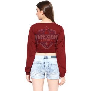 Women's <b>Maroon</b> Cropped Long Sleeve Sweatshirt O-Neck Solid Color Casual Wear 100% Cotton Knitted Breathable Summer <b>Top</b> - Product Image 5