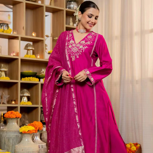 Designer Satori <b>Silk</b> <b>Kurta</b> With Cotton Lining Hand Embellished Neckline Maharaja <b>Silk</b> Pants Zari Stripe Banarasi Dupatta Ready - Product Image 1