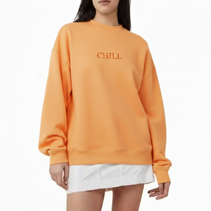 Sudadera Oversize de Cuello Redondo para Mujer, Color Naranja Sólido, 100% Algodón, Bordado Frontal, Hombros Caídos, Ropa de Otoño - Product Image 1