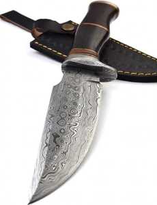 Couteau utilitaire d'extérieur personnalisé en acier Damas forgé à la main, à pointe tombante, avec manche en bois dur foncé et anneau en laiton - Product Image 2