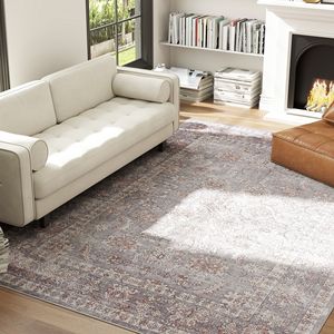 Tappeto a Pelo Medio Lavabile in Lavatrice 8x10 con Stampa Floreale Tradizionale Antiscivolo per Soggiorno e Camera da Letto Grigio Marrone - Product Image 3