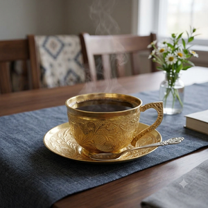 ชุดถ้วยชาทองเหลืองทำมือสุดหรู พร้อมจานรอง แก้วกาแฟตุรกีสลักลาย สำหรับใช้ในบ้าน โรงแรม งานเลี้ยง ขายส่ง - Product Image 4