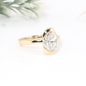 Luxury Yellow Gold Oval Cut <b>Simulated</b> <b>Diamond</b> Engagement Ring Classic Half Bezel Solitaire Plain Wedding Band Fine Jewelry Women - Product Image 3