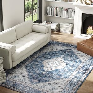 Tappeto Moderno Vintage 5x7 Antiscivolo Blu per Soggiorno, Camera da Letto e Sala da Pranzo, Lavabile e Realizzato a Macchina - Product Image 2