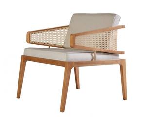Fauteuil en bois moderne avec dossier en rotin et coussin rembourré, design mid-century, chaise de salon - Product Image 1