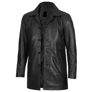 Men's Black Genuine <b>Leather</b> Canvas <b>Long</b> Coat with Button Closure Turn-down Collar Casual Winter Wear <b>Jacket</b> ODM Solid - Product Image 6