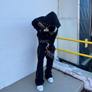 Men's Black Hooded Tracksuit Full Zipper Rhinestone Detail Streetwear Sweat Suit Regular Fit Solid Color Autumn Wear - Product Image 3