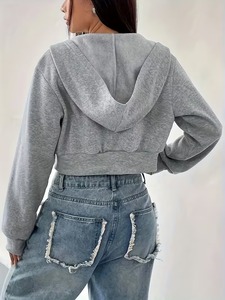 Sweat-shirt court gris pour femme, style streetwear, avec fermeture éclair sur le devant, couleur unie, décontracté, à manches longues, en coton tricoté, idéal pour l'automne – Grande Vente - Product Image 4