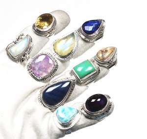 Meilleur prix de gros, bagues bohèmes vintage faites à la main, pierres précieuses, argent, laiton, assortiment de pierres naturelles pour femmes - Product Image 1