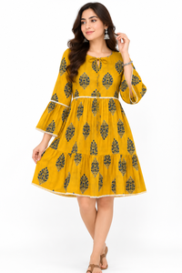 Yellow Tiered <b>Sweet</b> Natural Woven Eco-Friendly Casual Dress Women Ethnic Print Flare Sleeve Round Neck <b>Party</b> Wear - Product Image 1
