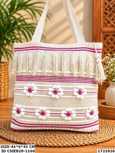 Bolso Tote Bohemio con Bordado de Cuentas, Diseño Panelado, Bolso de Hombro de Algodón para Mujer, con Cierre de Cremallera, Ideal para Compras de Verano - Product Image 3